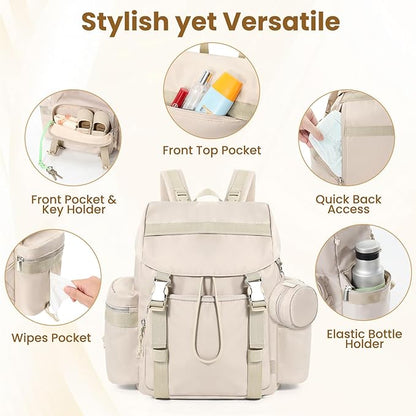 Diaper Bag Backpack with Changing Pad, Pacifier Case & Stroller Straps, Insulated Pockets Water Resistant Travel Essentials Baby Bag Multipurpose Travel Back, Big Storage in a Small Footprint