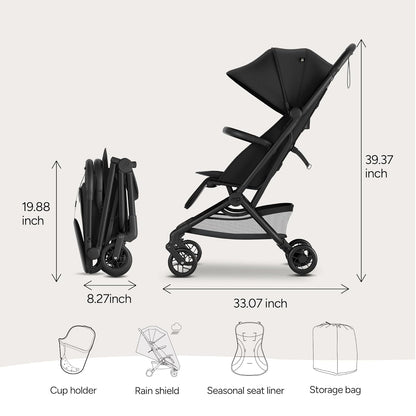 Mompush Velo Lightweight Travel Stroller, Compact & Airplane-Friendly for Baby and Toddler, Lie-Flat Seat, One-Hand Fold, with Leather Bumper Bar, Shoulder Strap, Raincover, Storage Bag & Cup Holder