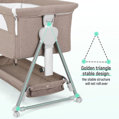 Cowiewie Bassinet Bedside Sleeper, Baby Bassinet with 7 Adjustable Height, Bedside Bassinet for Baby with Storage, Breathable Mesh & Mattress, Portable Bassinet Easy Folding (Pyramid Light Gray)