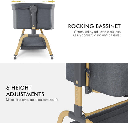 ANGELBLISS 3 in 1 Baby Bassinet, Rocking Bassinets Bedside Sleeper with Comfy Mattress and Wheels, 6 Height Adjustable Easy Folding Portable Bedside Crib for Newborn Infant (Khaki)