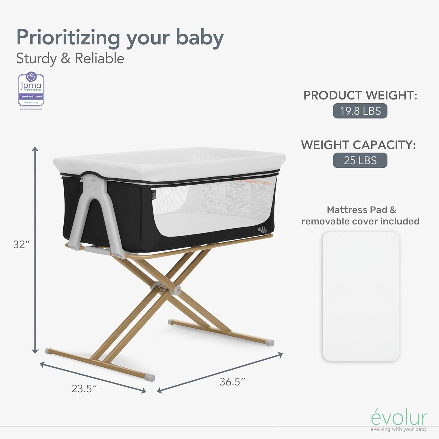 Evolur Orabelle Baby Bassinet & Bedside Sleeper, Breathable Mesh Sides, Plush Mattress Pad with Removable Cover, Tool-Free Assembly, Quick Foldable Steel Frame Compact Design with Travel Bag – Black