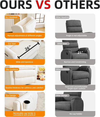 Large Glider Rocker Recliner,Rocking Chair Nursery with Adjustable Headrest,Swivel Rocker Recliner with Lumbar Support,Manual Nursery Rocker Recliner for Living Room& Bedroom,Chenille White