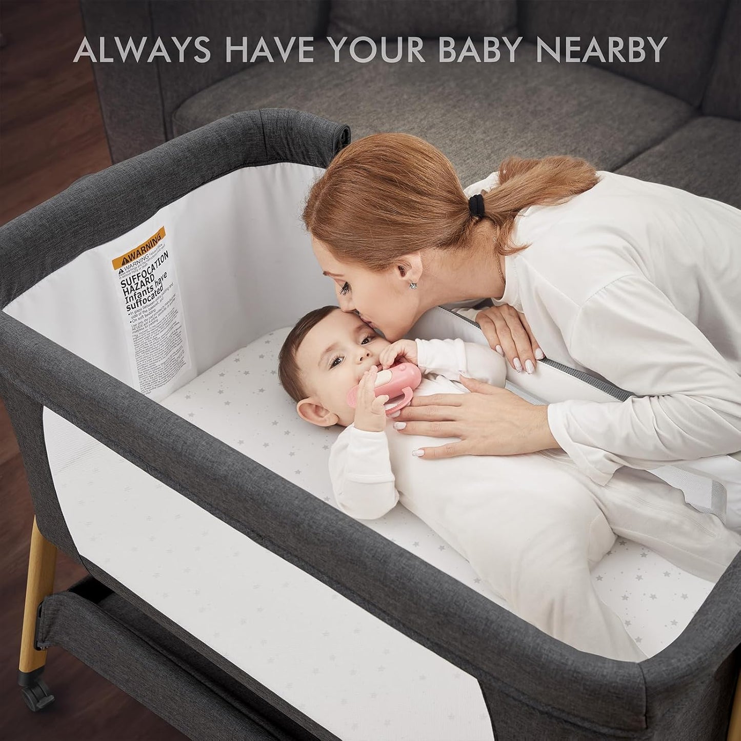 ANGELBLISS 3 in 1 Baby Bassinet, Rocking Bassinets Bedside Sleeper with Comfy Mattress and Wheels, 6 Height Adjustable Easy Folding Portable Bedside Crib for Newborn Infant (Khaki)
