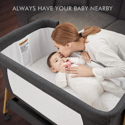 ANGELBLISS 3 in 1 Baby Bassinet, Rocking Bassinets Bedside Sleeper with Comfy Mattress and Wheels, 6 Height Adjustable Easy Folding Portable Bedside Crib for Newborn Infant (Khaki)