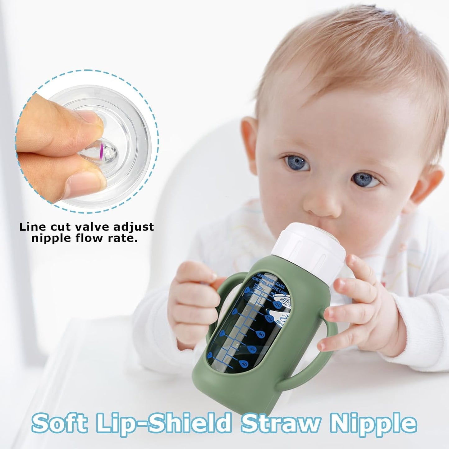 Sippy Straw Cup Conversion Kit with Silicone Sleeves for Dr. Brown's Narrow Glass Baby Bottle 4oz,Anti Breakage Baby Bottles Replacement Kit with Handle and Soft Sippy Spout,6m+,Set of 3