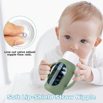 Sippy Straw Cup Conversion Kit with Silicone Sleeves for Dr. Brown's Narrow Glass Baby Bottle 4oz,Anti Breakage Baby Bottles Replacement Kit with Handle and Soft Sippy Spout,6m+,Set of 3