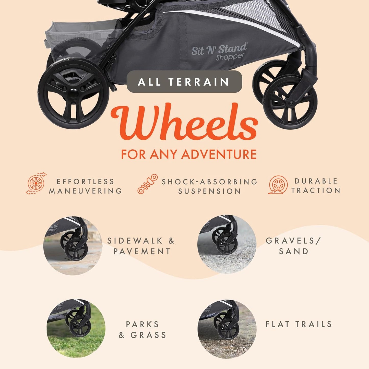 Baby Trend 5-in-1 Kids Shopper and Travel Stroller with Canopy Visor, Storage Basket and 2 Cup Holders, Sit N' Stand, Magnolia - Collapsible Infant and Toddler Stroller and Car Seat Combo System