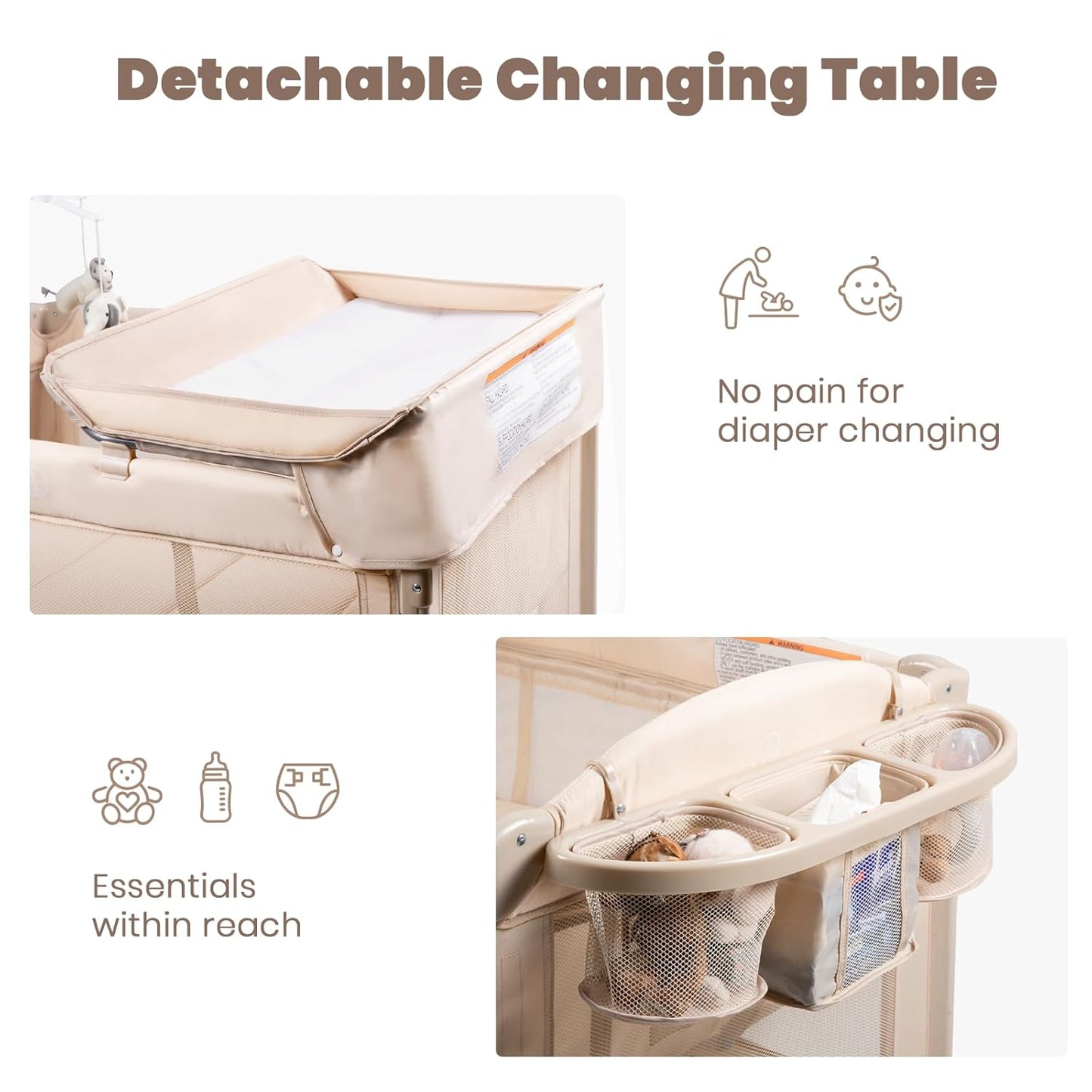 Rinnebbit Baby Bassinets Bedside Sleeper, 4 in 1 Portable Bedside Crib w/Mattress, Diaper Changer, Storage Basket, Music Box, Carry Bag, Foldable Playard Sleeper for Newborn (Light Gray)