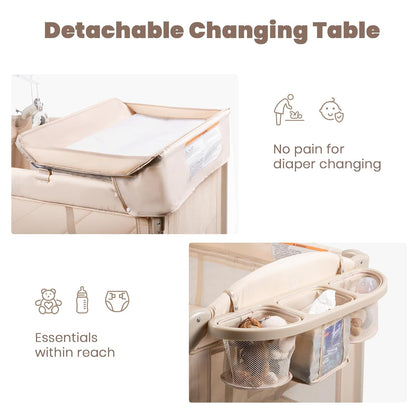 Rinnebbit Baby Bassinets Bedside Sleeper, 4 in 1 Portable Bedside Crib w/Mattress, Diaper Changer, Storage Basket, Music Box, Carry Bag, Foldable Playard Sleeper for Newborn (Light Gray)