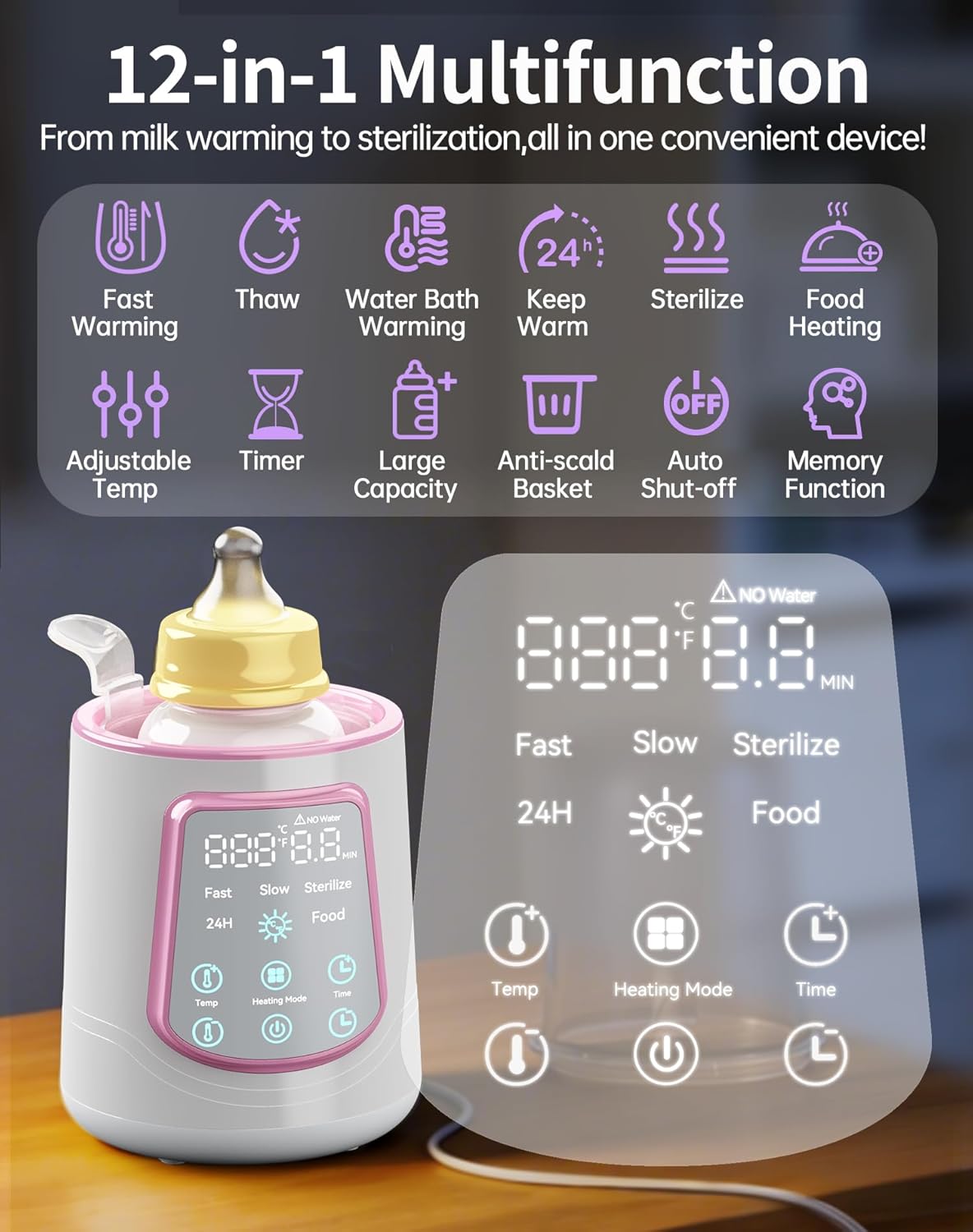 12 in 1 Fast Baby Bottle Warmer with Even Heating No Hot Spots, Night Mode, Sterili-zing, Constant Temp Milk Warmer for Breastmilk & Formula, Fits All Bottles Grey