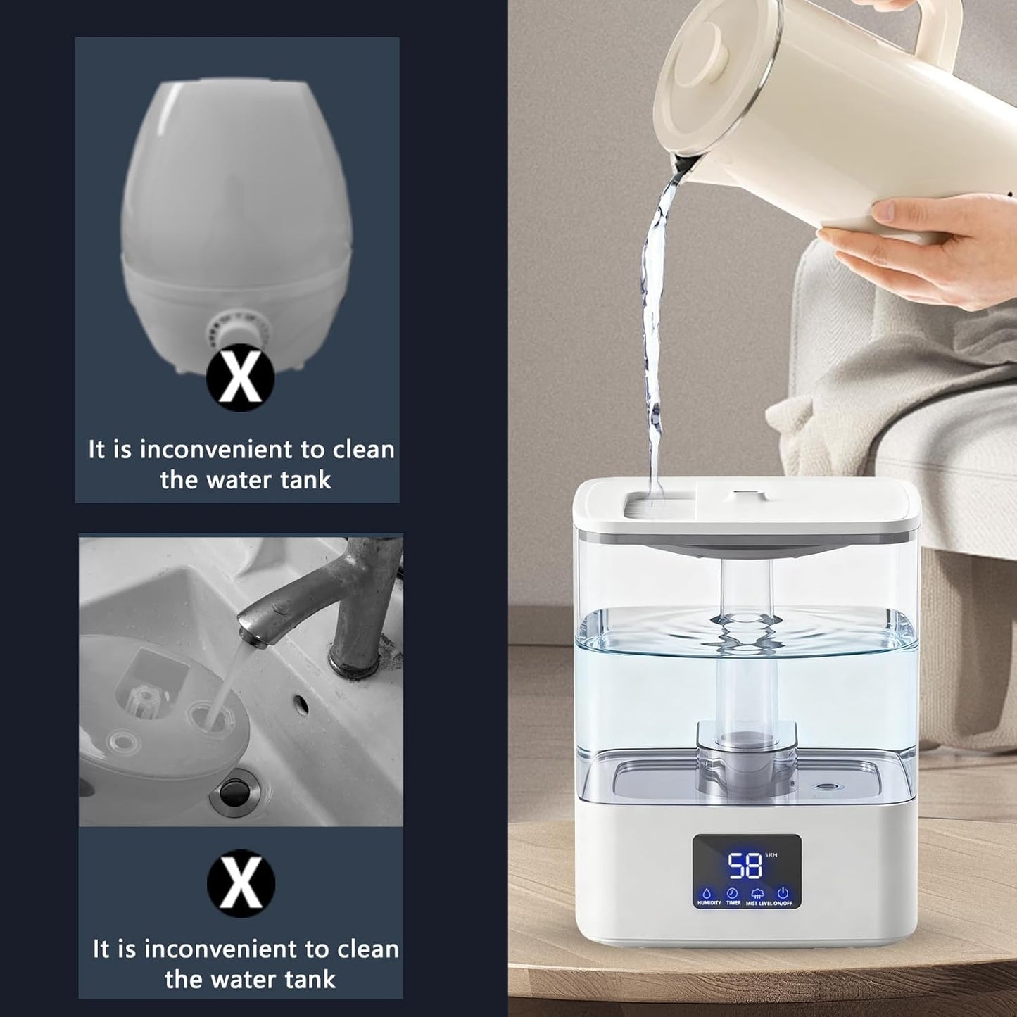 KZF 4L Top Fill Humidifiers for Bedroom & 60H Runtime - Cool Mist Humidifier, 3 Mist Levels, 8H Timer, Essential Oil Tray, Humidity Display, Quiet for Bedroom, Baby, Plants, Large Room (Black, 6L)