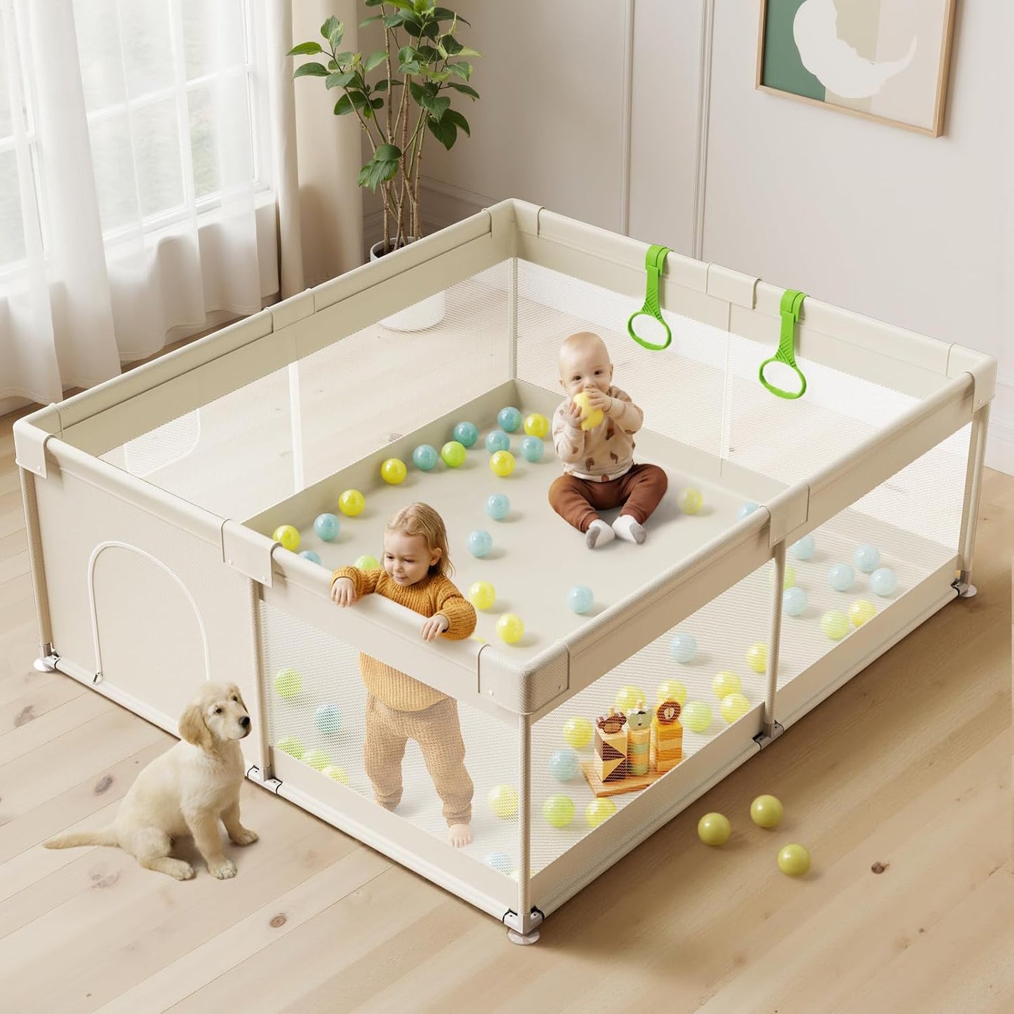 Uanlauo Beige Small Baby Playpen - 47x47in Playpen for Babies and Toddlers, Safe Indoor Play Pen, Baby Pen with Storage Bag and Breathable Mesh