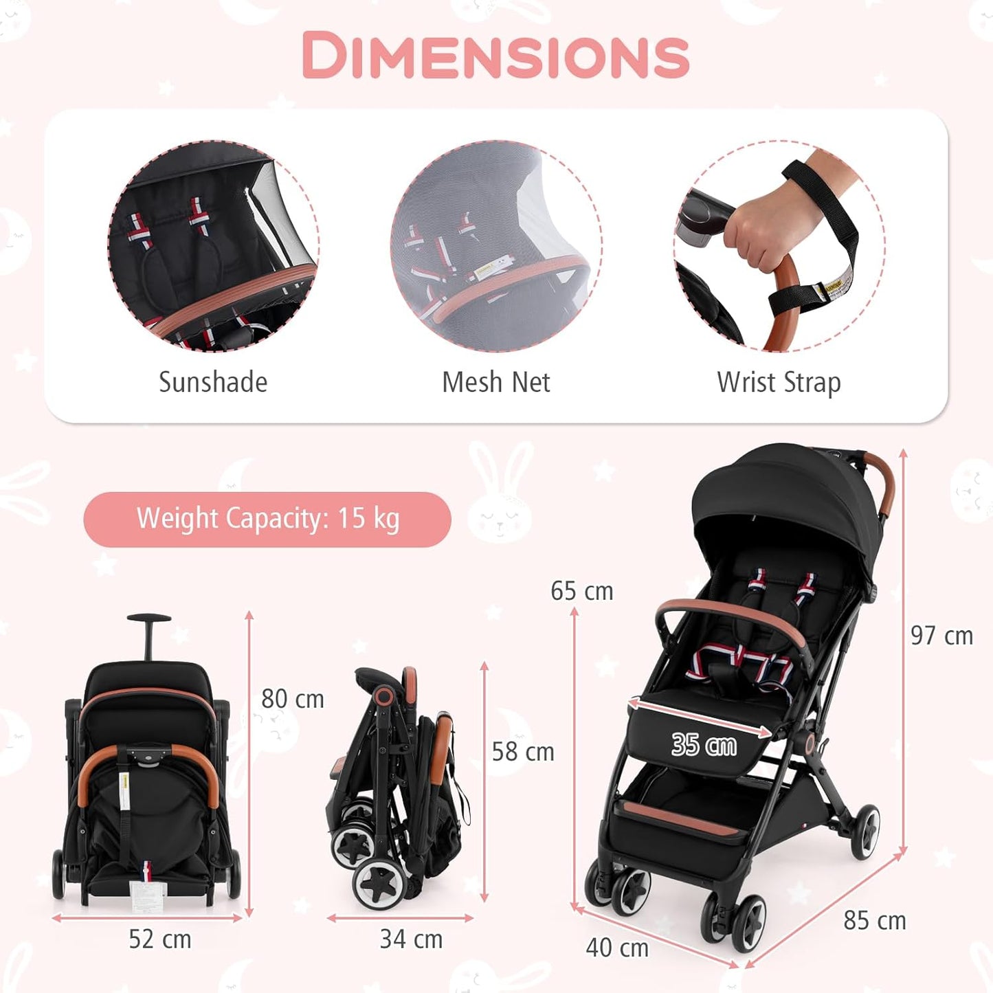 HONEY JOY Travel Stroller, One-Hand Quick Fold Lightweight Umbrella Stroller for Airplane, Wrist Wrap & Net, Multi-Position Recline, Overhead Friendly Compact Stroller for Newborn and Toddler(Gray)