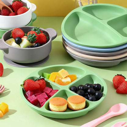 Dandat 24 Pcs Silicone Baby Feeding Set,6 Baby Toddler Suction Bowls 6 Divided Suction Plates with 6 Forks 6 Spoons, Utensils Set for Weaning Infant Feeding and Eating, 6 Styles (Elegant Color)