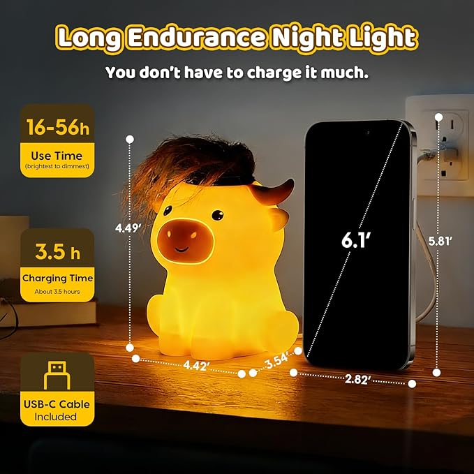 Amaredom Highland Cow Night Light, Cute Silicone Cow Lamp, Dimmable Rechargeable LED Bedside Lamp with 20 Minutes Timer & Tap Control for Nursery, Baby Girls, Women, Bedrooms, Living Room