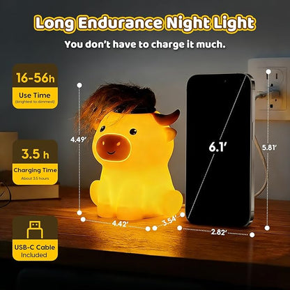 Amaredom Highland Cow Night Light, Cute Silicone Cow Lamp, Dimmable Rechargeable LED Bedside Lamp with 20 Minutes Timer & Tap Control for Nursery, Baby Girls, Women, Bedrooms, Living Room