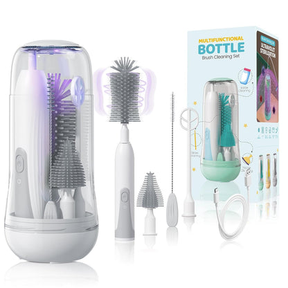 IvyWind Electric Travel Baby Bottle Brush Set with Storage Box, Automatic Bottle Cleaner Brush Kit with Silicone Bottle/Nipple/Straw Brush, Milk Frother Electric and Drainage Rack, Rechargeable, Green