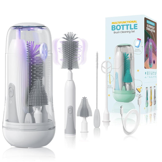 IvyWind Electric Travel Baby Bottle Brush Set with Storage Box, Automatic Bottle Cleaner Brush Kit with Silicone Bottle/Nipple/Straw Brush, Milk Frother Electric and Drainage Rack, Rechargeable, Green