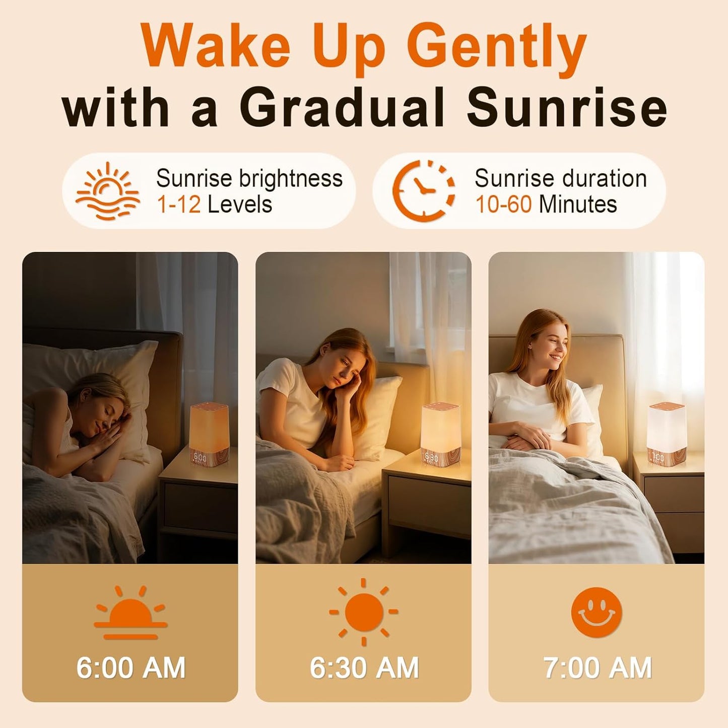 10-60 Mins Simulate Sunrise Alarm Clock: Gentle Wake Up Light Adjustable Brightness, 30 Volume, Bright & Loud Enough for Heavy Sleepers - White Noise Machine with 30 Soothing Sounds, Ease of Use