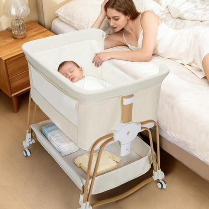 4 in 1 Baby Bassinet | Bassinet Bedside Sleeper for Baby on Wheels with Storage Basket | 7 Height Adjustable Breathable Mesh Rocking Bedside Sleeper with Musquito Net for Newborn (Grey)