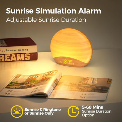 REACHER Wood Grain Sunrise Alarm Clock and Sound Machine Nightlight, Digital Dimmable Clock for Bedroom, 26 Sleep Sounds, White Noise Machine for Baby, Adults, Wake Up Light Alarm Clock for Kids