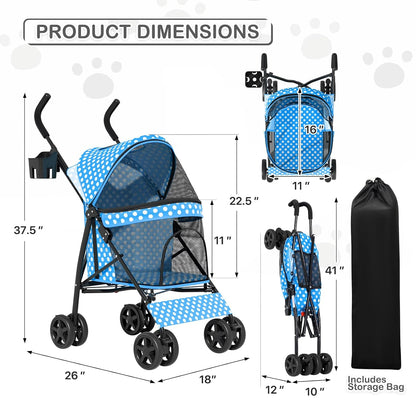MoNiBloom 4 Wheels Pet Stroller, Easy-Fold Puppy Cage Jogger Stroller with Sun Cover, Pad and Rear Storage Bag, Breathable and Visible Mesh for Small/Medium Pets up to 22 lbs, Black