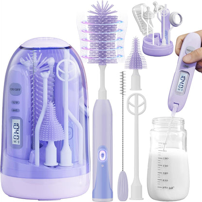 Electric Bottle Brush Cleaner,Rechargable Electric Baby Bottle Brush Cleaner with Thermometer,Silicone Bottle/Nipple/Straw Brush,Drying Rack,Travel Bottle Cleaner Kit for New Moms (Pink)