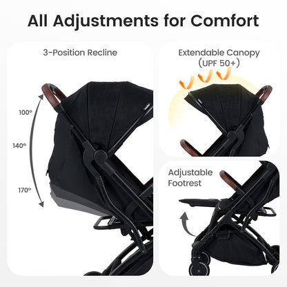 INFANS Travel Stroller, Lightweight Compact Baby Stroller for Airplane with One-Hand Fold, Multi-Position Recline, Canopy, 4 Wheel Suspension, Storage Basket (Grey+Black)