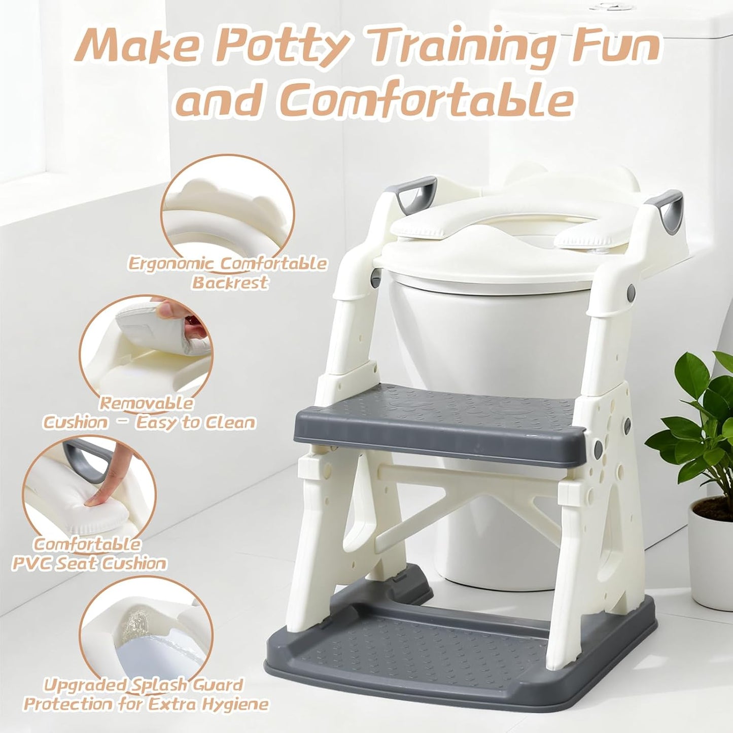 Potty Training Toilet Seat for Toddlers,2 in 1 Toddler Toilet Seat with Steps, Grey Adjustable Toddler Seat for Boys Girls,with Anti-Slip Steps Splash Guard Safety Handles.