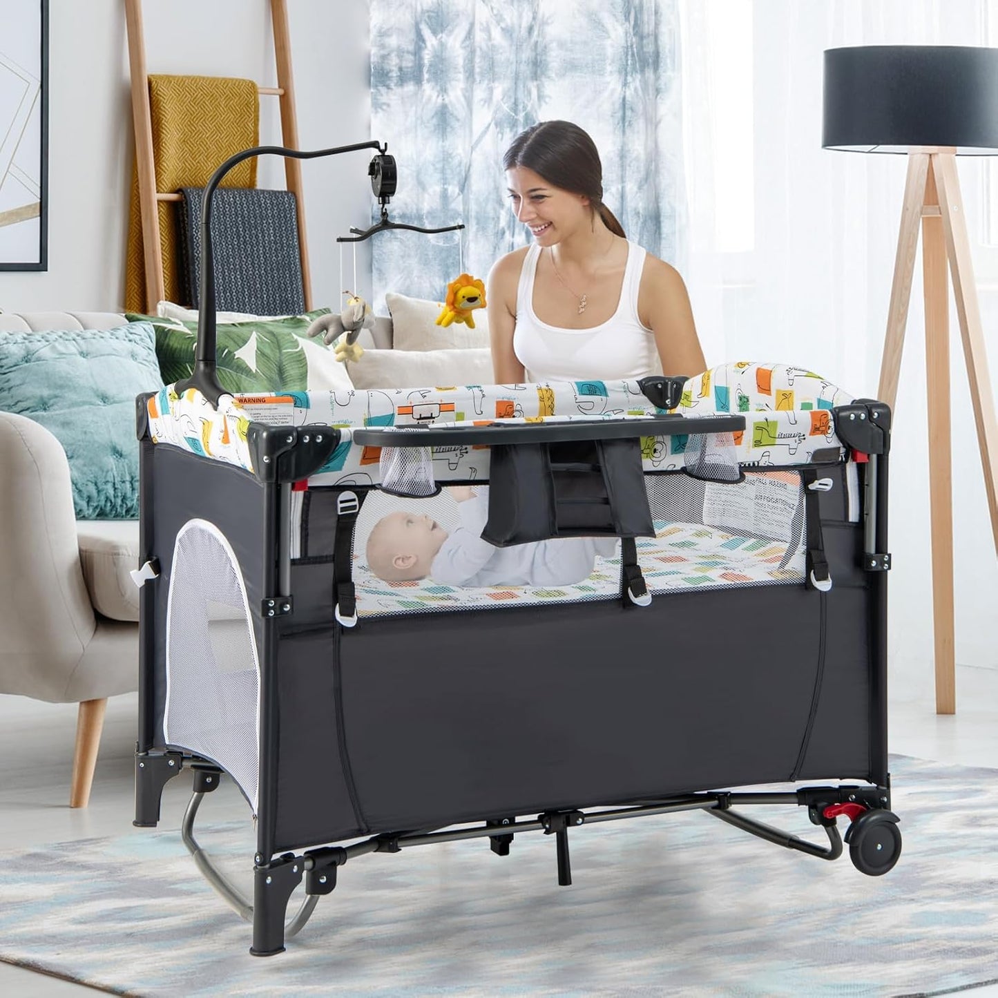 HONEY JOY Baby Bedside Sleeper, 6-in-1 Pack and Play w/Infant Bassinet, Diaper Changing Table & Portable Play Yard, 3 Adjustable Heights, Music Box & Side Storage Bag, Carry Bag(Black)
