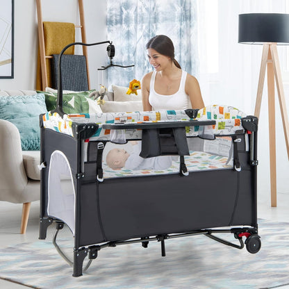 HONEY JOY Baby Bedside Sleeper, 6-in-1 Pack and Play w/Infant Bassinet, Diaper Changing Table & Portable Play Yard, 3 Adjustable Heights, Music Box & Side Storage Bag, Carry Bag(Black)