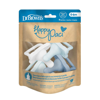 Dr. Brown's HappyPaci 100% Silicone Baby Pacifier, Contoured One-Piece Design, Black/Gray/White, 0-6m, BPA-Free, 4-Pack