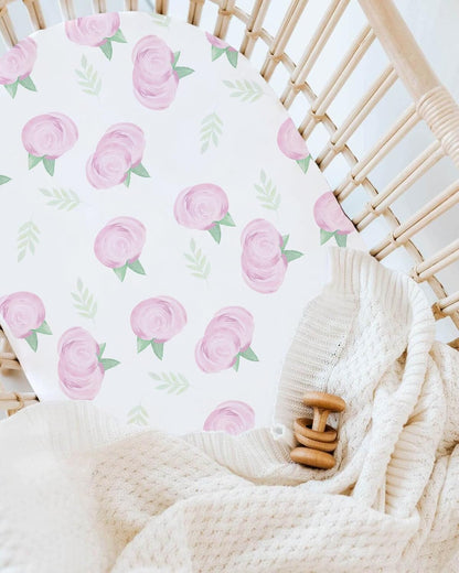 TotAha Premium Stretchy Bassinet Sheets for Baby Girl, Silky Comfort Cradle Sheets Fitted 18 x 36 for Oval, Rectangular, Hourglass Mattress, Hypoallergenic, Buttery Soft 2-Pack (Floral & Pale Pink)