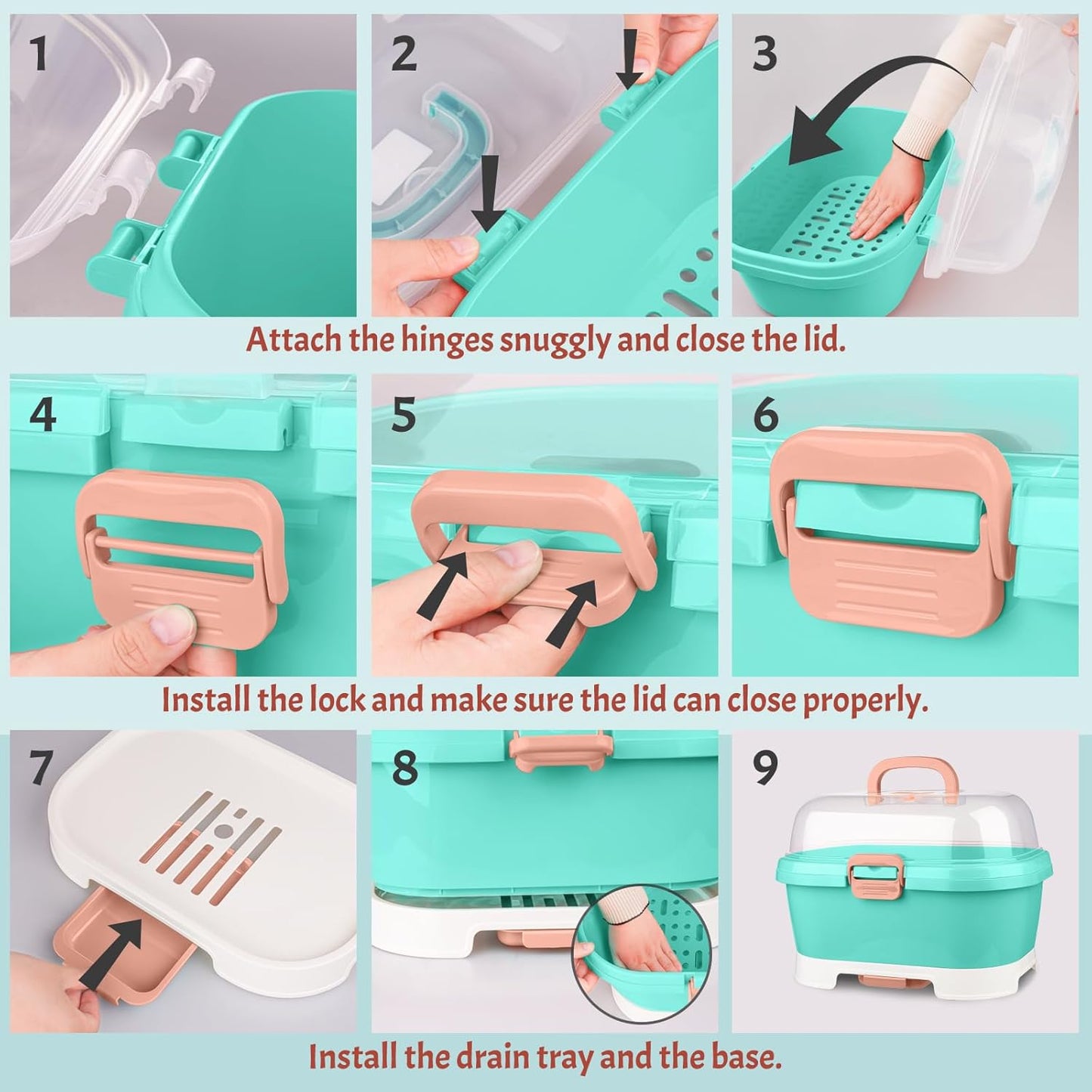 NiHome Portable Baby Bottle Drying Rack with Anti-Dust Lid, Cutlery Organizer and Drain Board - Easy-Carry Handle for Home, Kitchen, Travel and Outdoors (Pink)