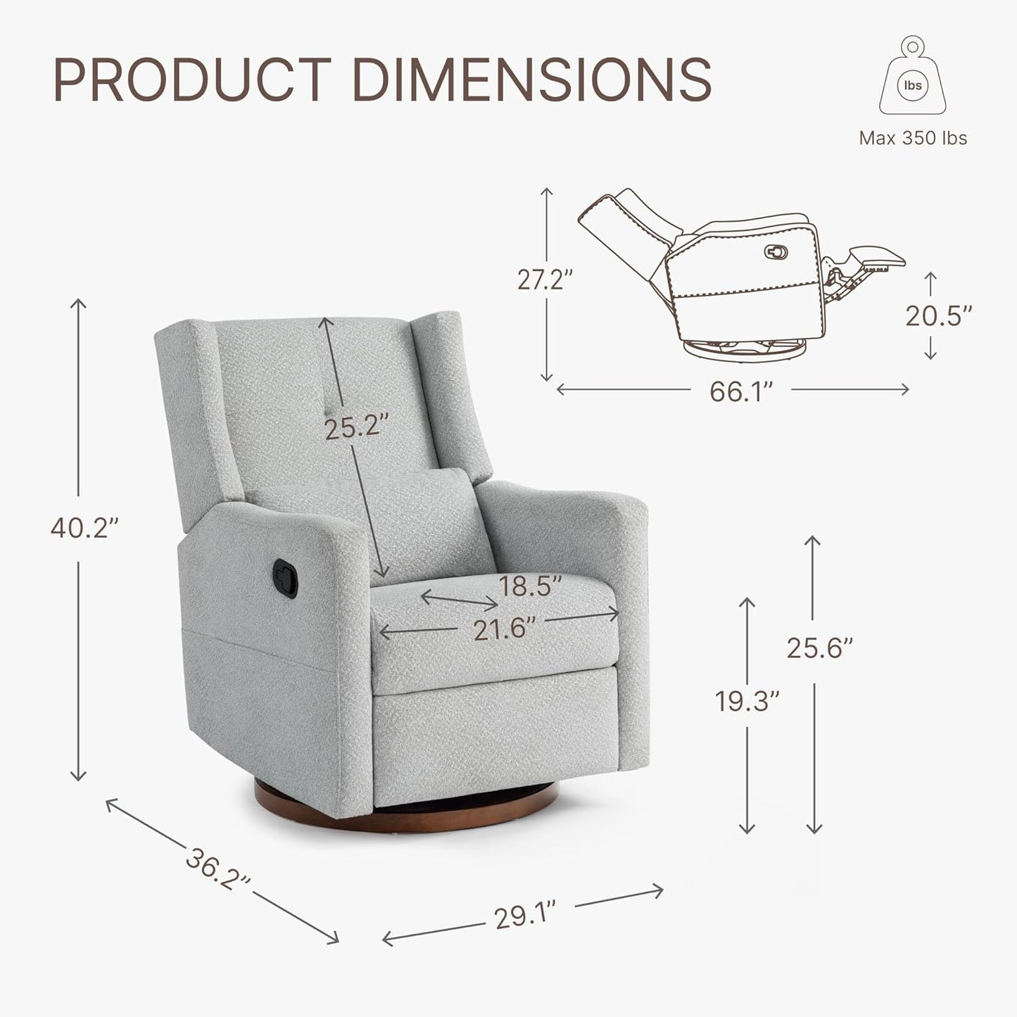 KISLOT Upholstered Recliner Swivel Glider Nursery Chair Reclining Performance Fabric Rocker with Wood Base,Boucle,Moss Green