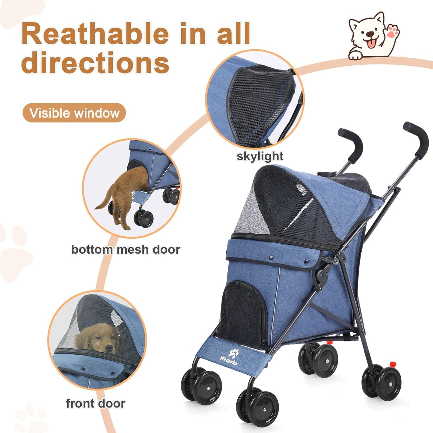 Wedyvko Travel Portable Dog Stroller, Pet Stroller for Small Puppy Dogs & Cats, Up to 33 lbs, Black