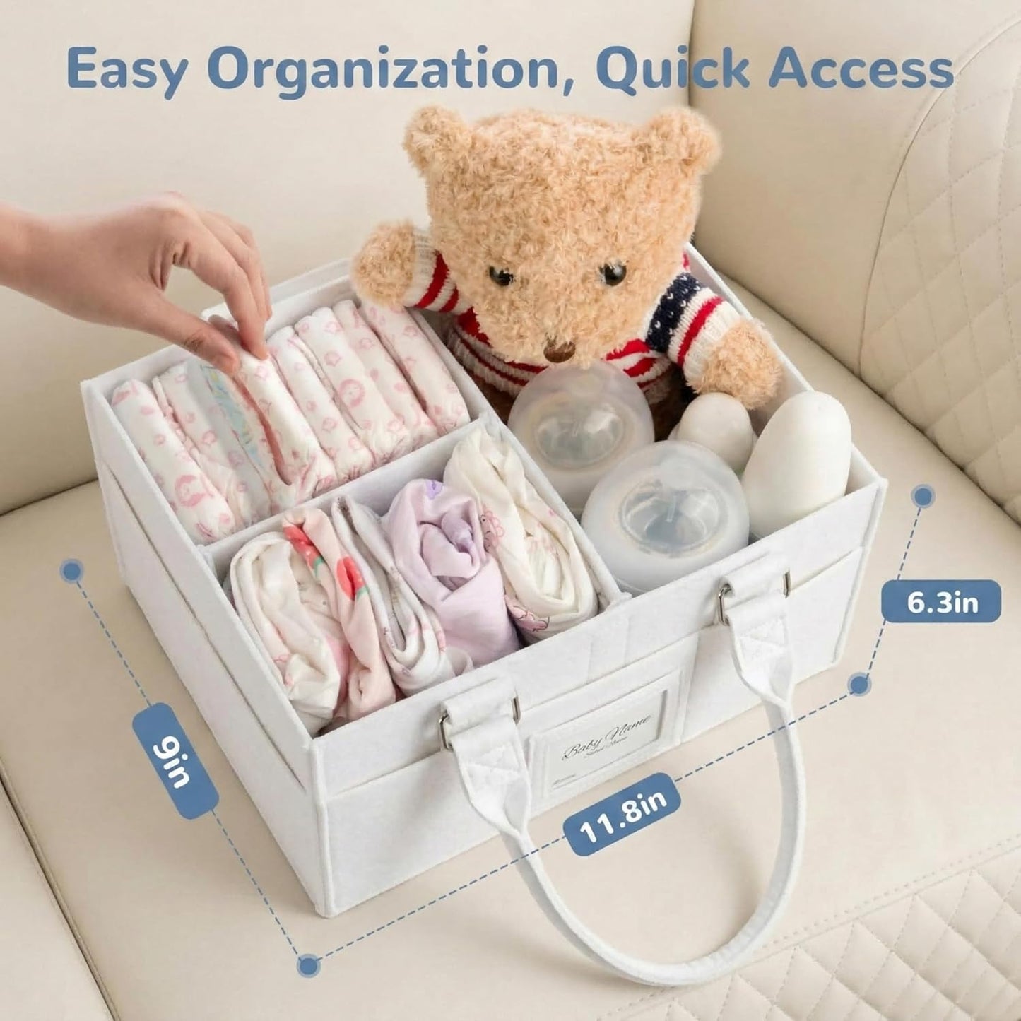 Diaper Caddy Organizer, Newborn Essetials Must Haves, Baby Registry Search and Other Baby Stuff, Collapsible Baby Basket with Handle and a Photo Frame, Grey, 11.8 x 6.3 x 9.0 inch