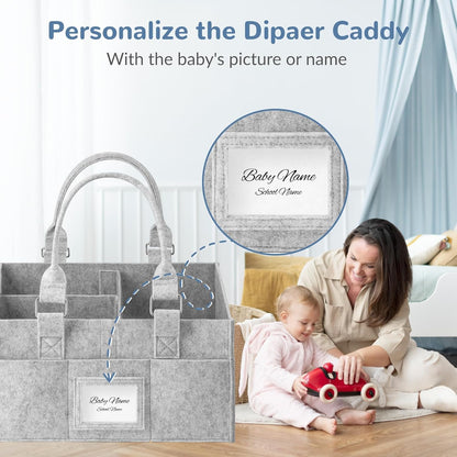 Diaper Caddy Organizer, Newborn Essetials Must Haves, Baby Registry Search and Other Baby Stuff, Collapsible Baby Basket with Handle and a Photo Frame, Grey, 11.8 x 6.3 x 9.0 inch