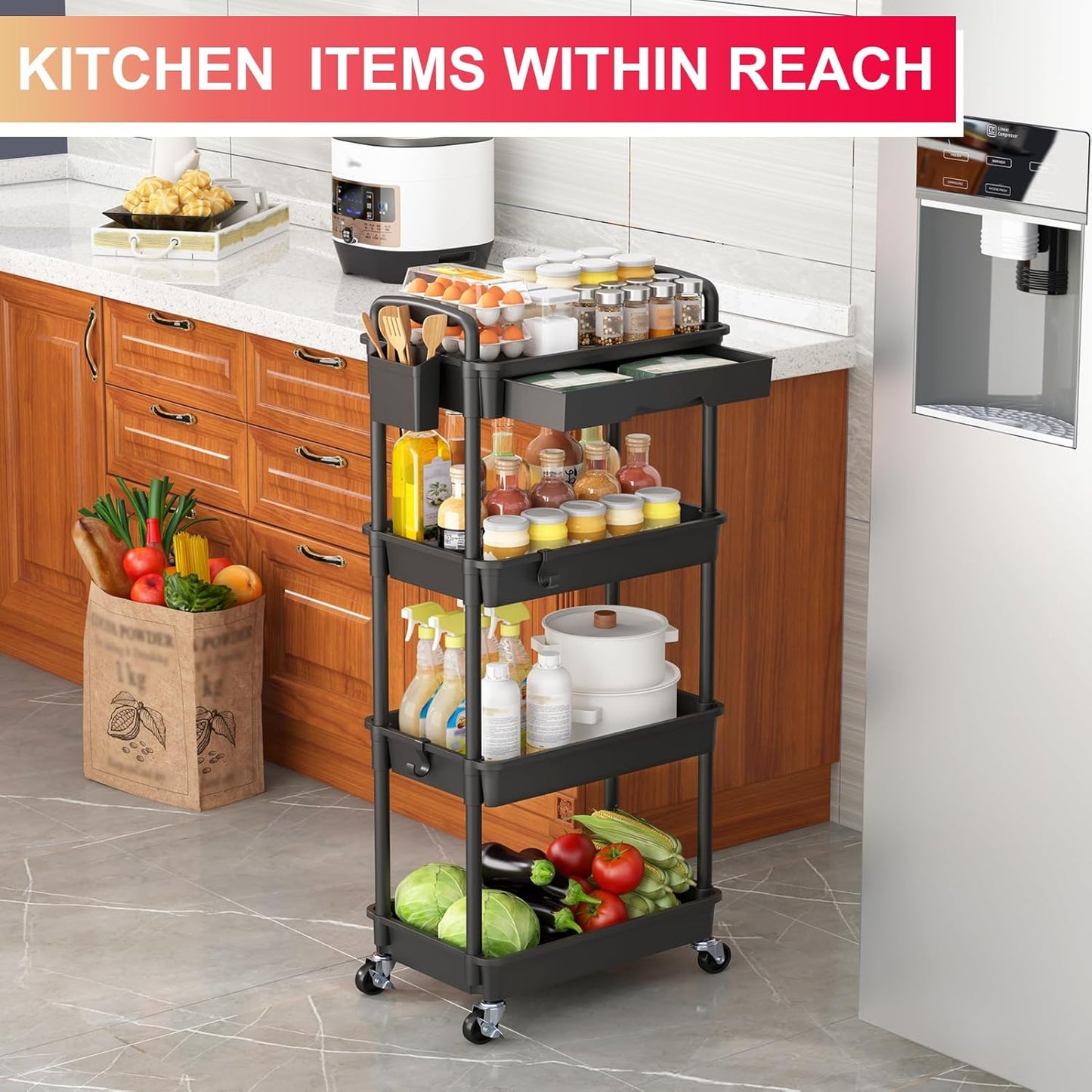 Goovilla 3 Tier Rolling Utility Cart Organizer with Removable Drawer, Stable and Sturdy White Rolling Storage Carts with 2 Lockable Wheels for Bathroom, Kitchen, Snack, Craft, Makeup, Baby Essentials