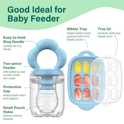 Baby Fruit Food Feeder Breastmilk Popsicle Molds with Freezer Tray, Tenmonth Silicone Baby Feeder for Safe Infant Self Feeding 2 Pack, BPA Free