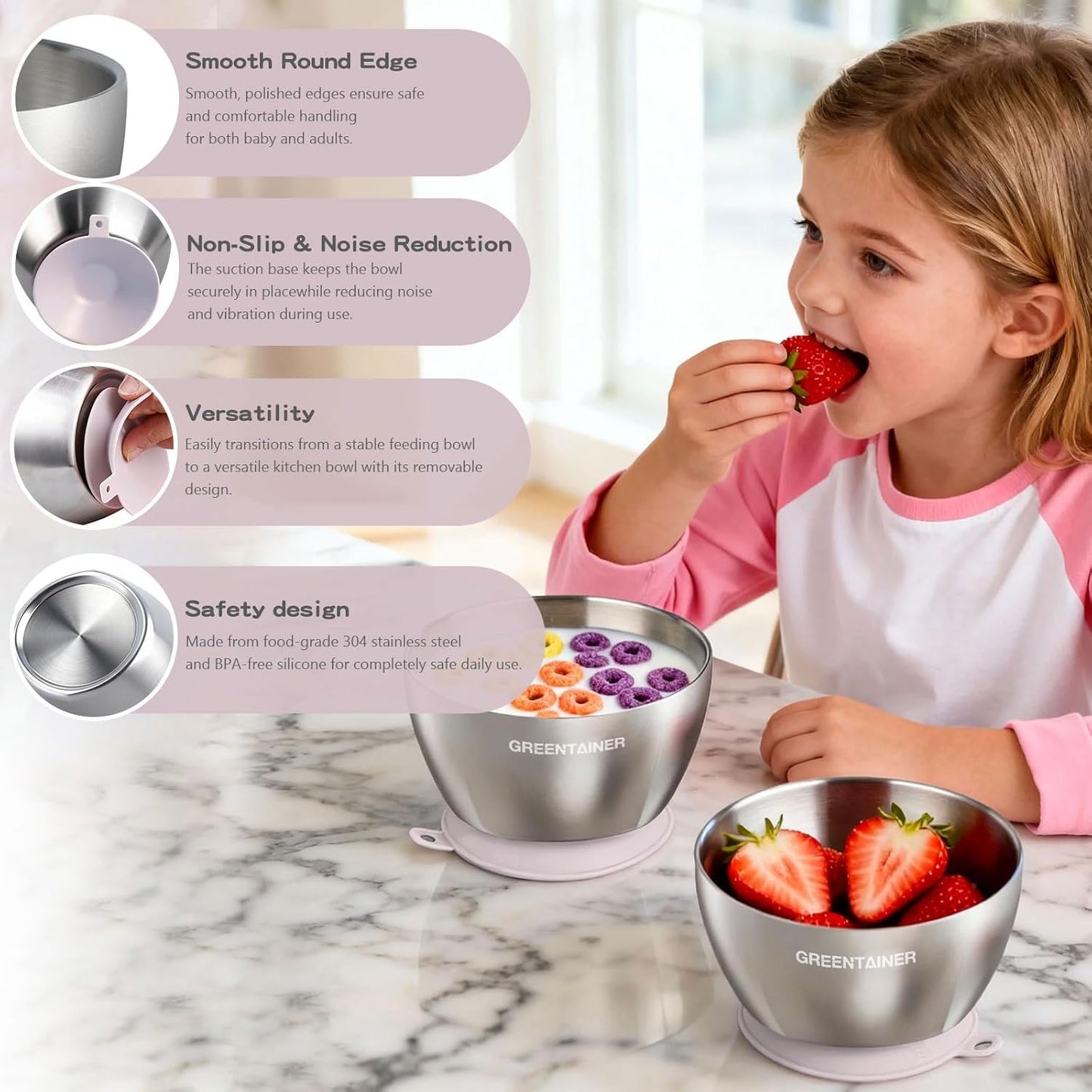Greentainer Stainless Steel Baby Bowl Set of 3, Double Wall Insulated, Unbreakable Toddler Bowls with Removable Silicone Suction Base, Non-Slip, Dishwasher Safe, BPA-Free for Infants 6+ Months (Green)