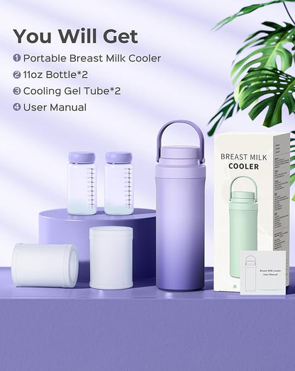 XAPROO 22oz Breast Milk Cooler Bottle, Portable Milk Cooler for Breastmilk with 360°Cooling for 24 Hours, Milk Chiller with 2pcs Baby Bottles, Breastmilk Storage Bags for Baby, BPA-Free (Purple)