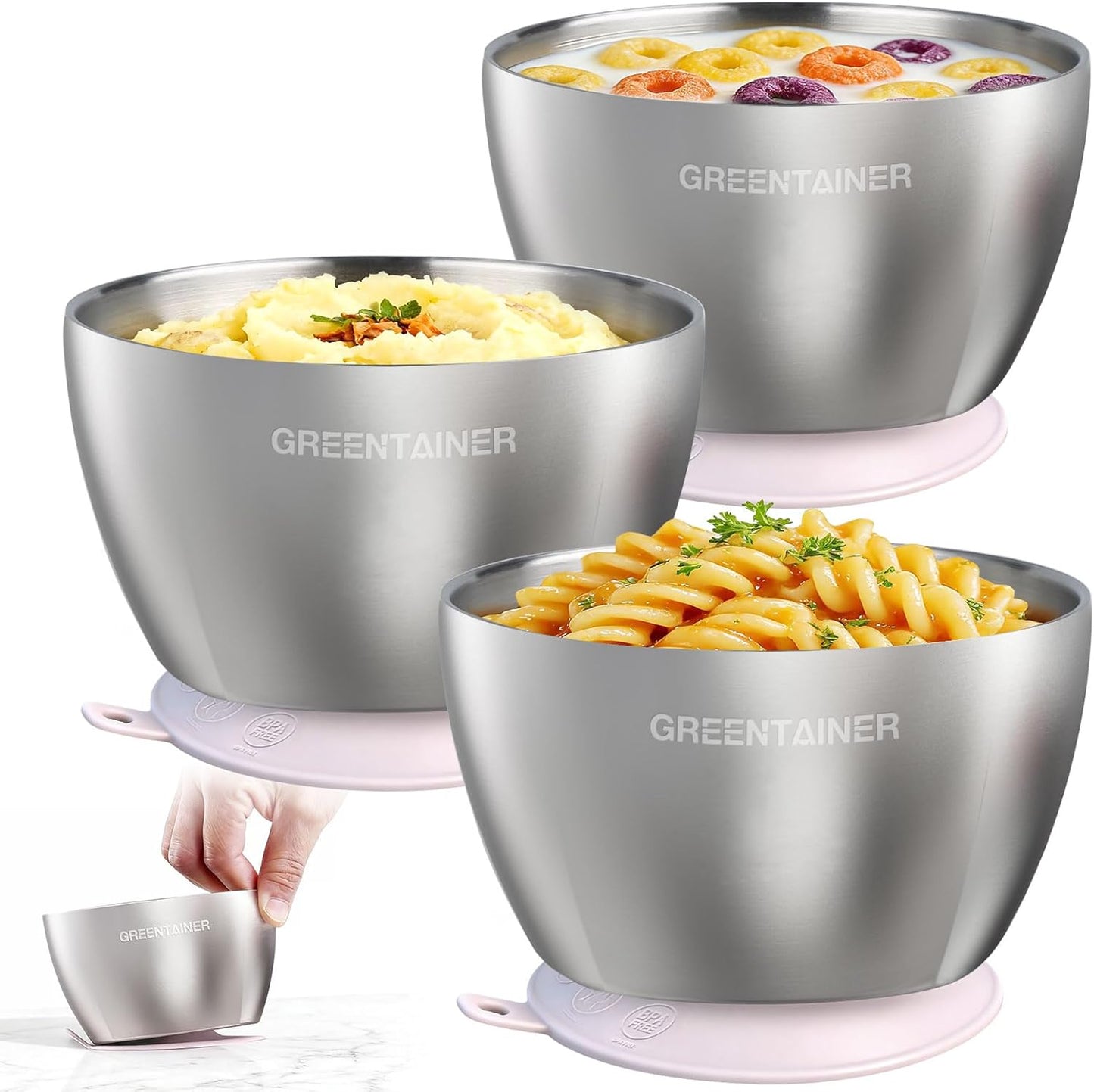 Greentainer Stainless Steel Baby Bowl Set of 3, Double Wall Insulated, Unbreakable Toddler Bowls with Removable Silicone Suction Base, Non-Slip, Dishwasher Safe, BPA-Free for Infants 6+ Months (Green)