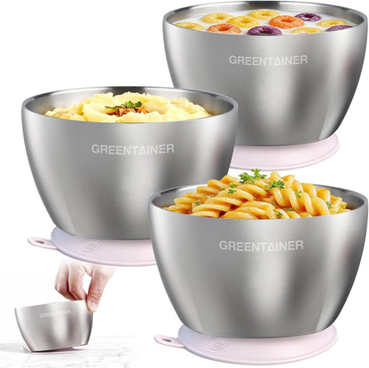 Greentainer Stainless Steel Baby Bowl Set of 3, Double Wall Insulated, Unbreakable Toddler Bowls with Removable Silicone Suction Base, Non-Slip, Dishwasher Safe, BPA-Free for Infants 6+ Months (Green)
