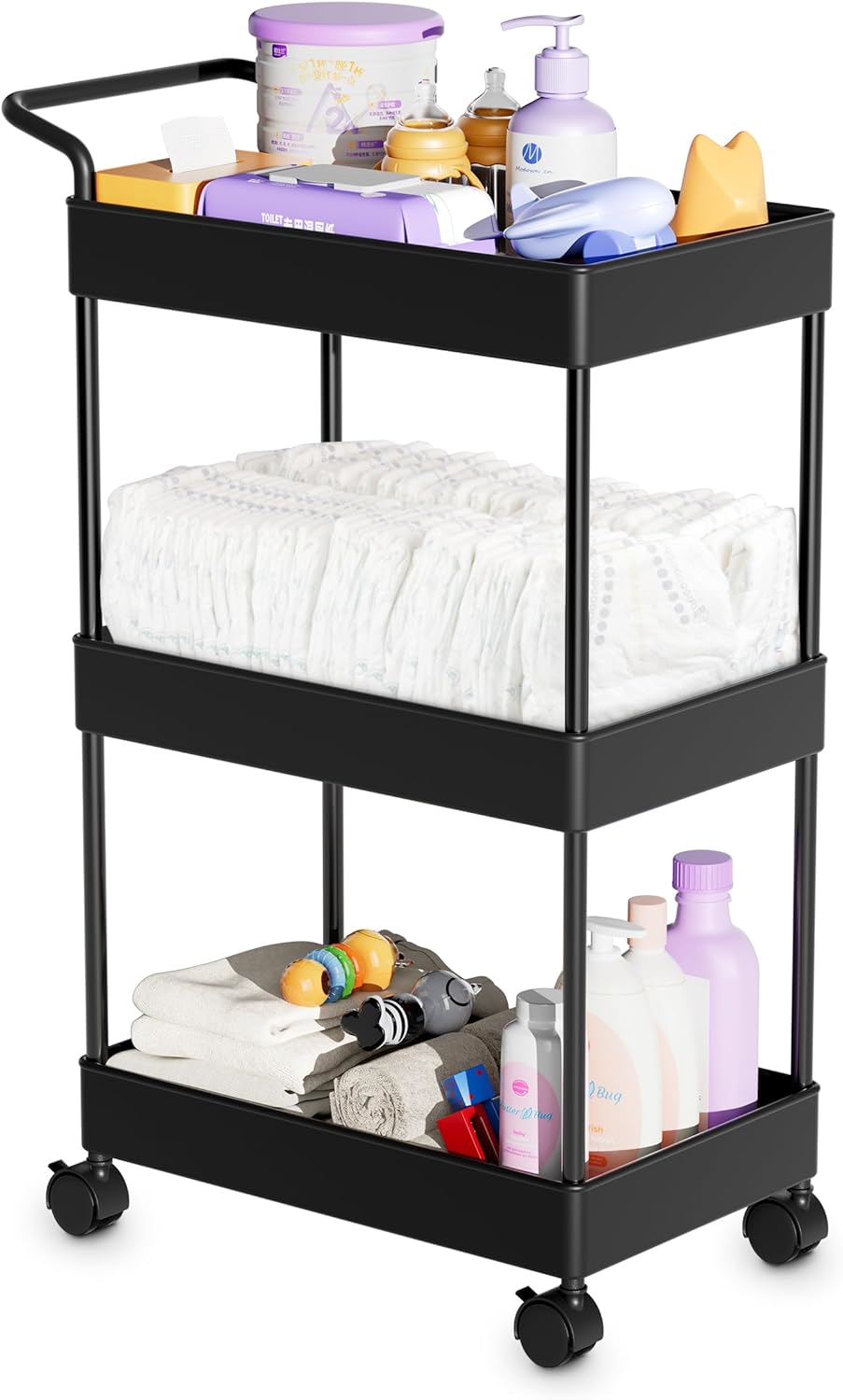 Volnamal Baby Diaper Caddy, Plastic Movable Cart for Newborn Nursery Essentials Diaper Storage Caddy Organizer for Changing Table & Crib, Easy to Assemble, Beige