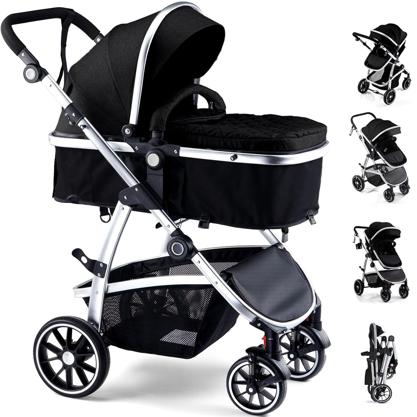 Baby Stroller, 2-in-1 Reversible Toddler Seat with Lie-Flat Mode, Foldable Infant Stroller with Canopy, One Button Brake, Adjustable Handle, Newborn Pushchair (Black B)