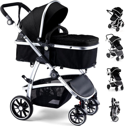 Baby Stroller, 2-in-1 Reversible Toddler Seat with Lie-Flat Mode, Foldable Infant Stroller with Canopy, One Button Brake, Adjustable Handle, Newborn Pushchair (Black B)