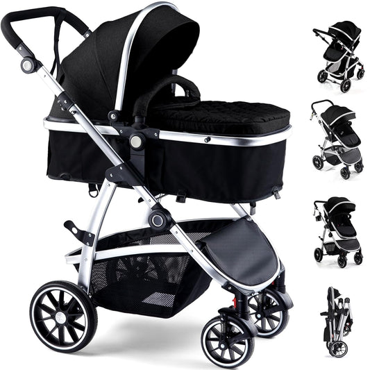 Baby Stroller, 2-in-1 Reversible Toddler Seat with Lie-Flat Mode, Foldable Infant Stroller with Canopy, One Button Brake, Adjustable Handle, Newborn Pushchair (Black B)