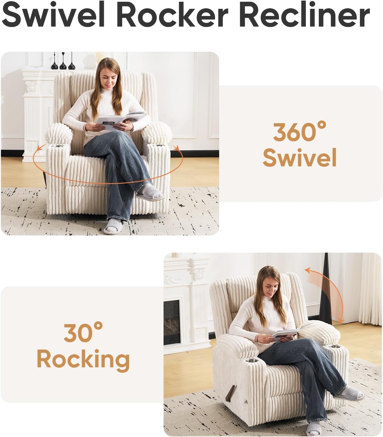 Oversized Power Recliner Chair with Massage and Heat, Swivel Rocker Recliner Chair for Adults with Arm Storage, Nursery Glider Recliner with Adjustable Headrest and Phone Stand, Side Pockets, Beige