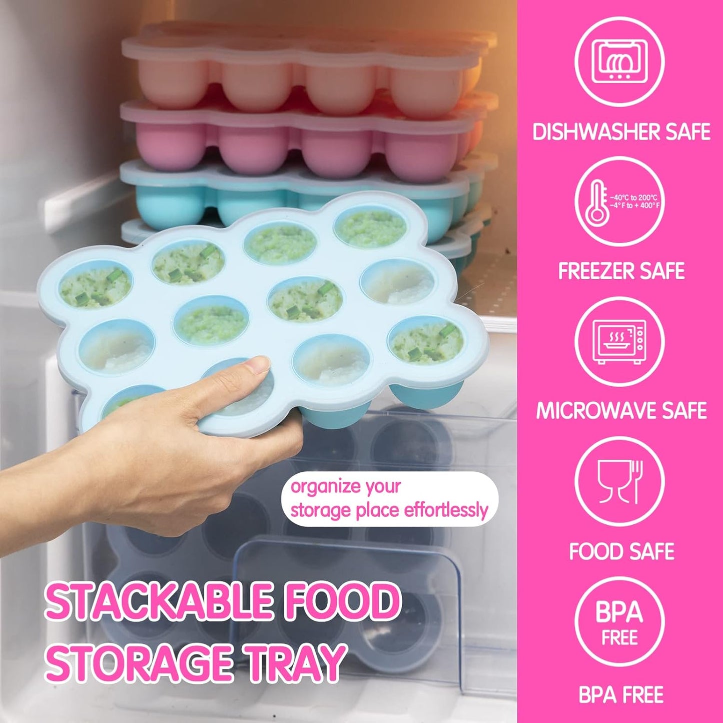 12x1.5oz Baby Food Storage Containers, Baby Food Freezer Tray with Clip Lid Gossamer Pink, Food Grade Silicone Freezer Trays for Purees & Vegetables